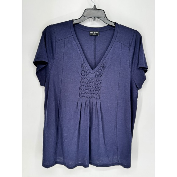 Lane Bryant Tops - Lane Bryant Smocked V-Neck Top Women 18/20 Navy Blue NWOT Cotton Short Sleeve